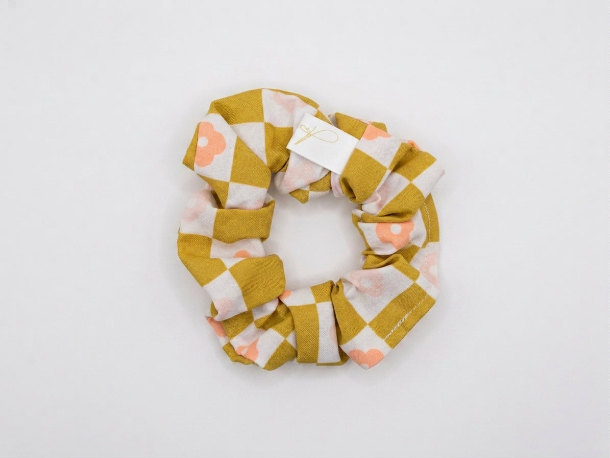 Scrunchies poliestere quadretti floreali verdi e bianchi
