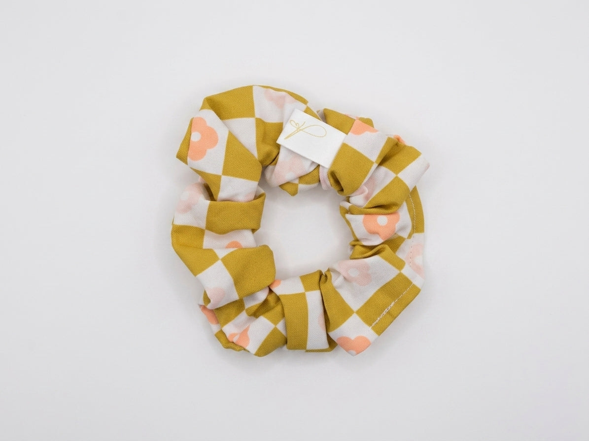 Scrunchies poliestere quadretti floreali verdi e bianchi