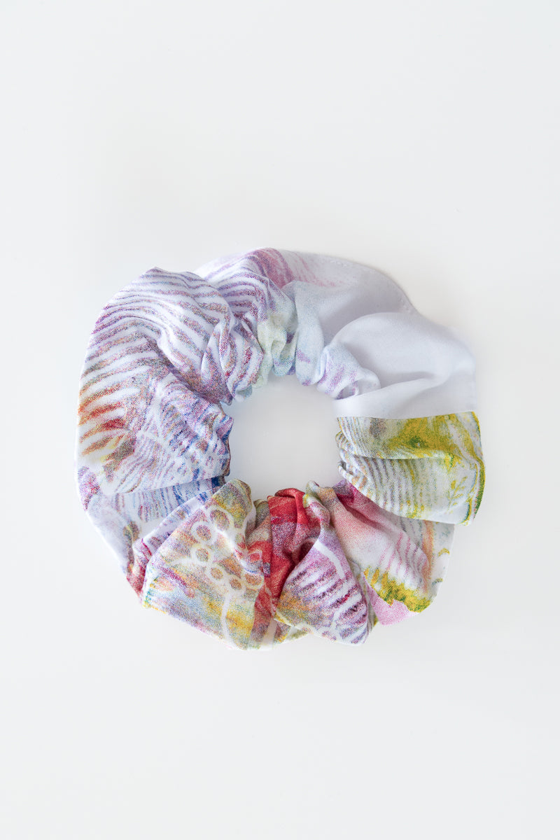Scrunchies in raso arcobaleno, scrunchies arcobaleno, scrunchies in cotone floreale, scrunchies in cotone colorato, scrunchies vivace