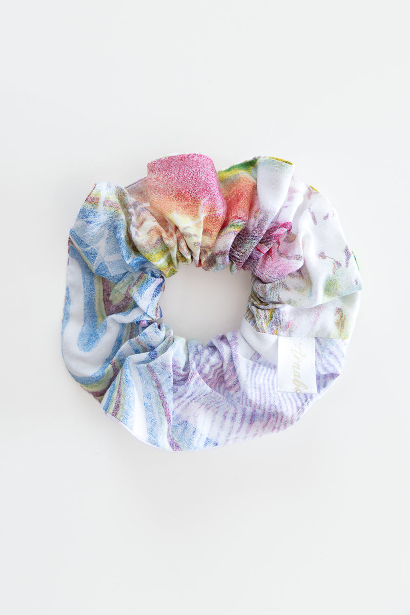 Scrunchies in raso arcobaleno, scrunchies arcobaleno, scrunchies in cotone floreale, scrunchies in cotone colorato, scrunchies vivace