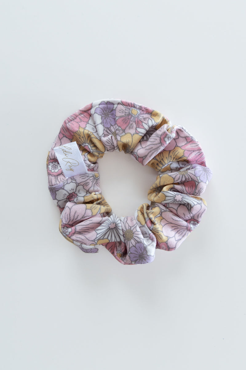Scrunchies in jersey bianco floreale rosa