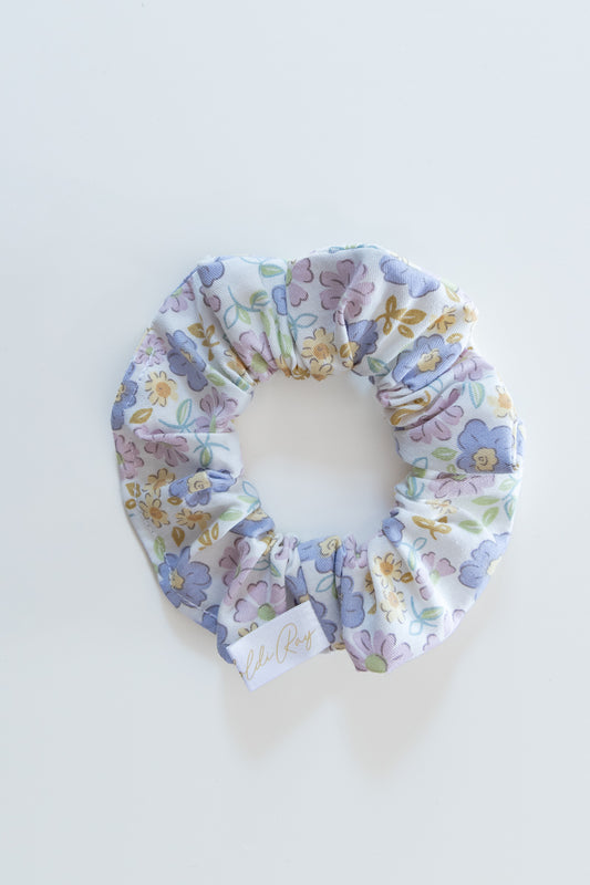 Scrunchie in cotone bianco floreale viola