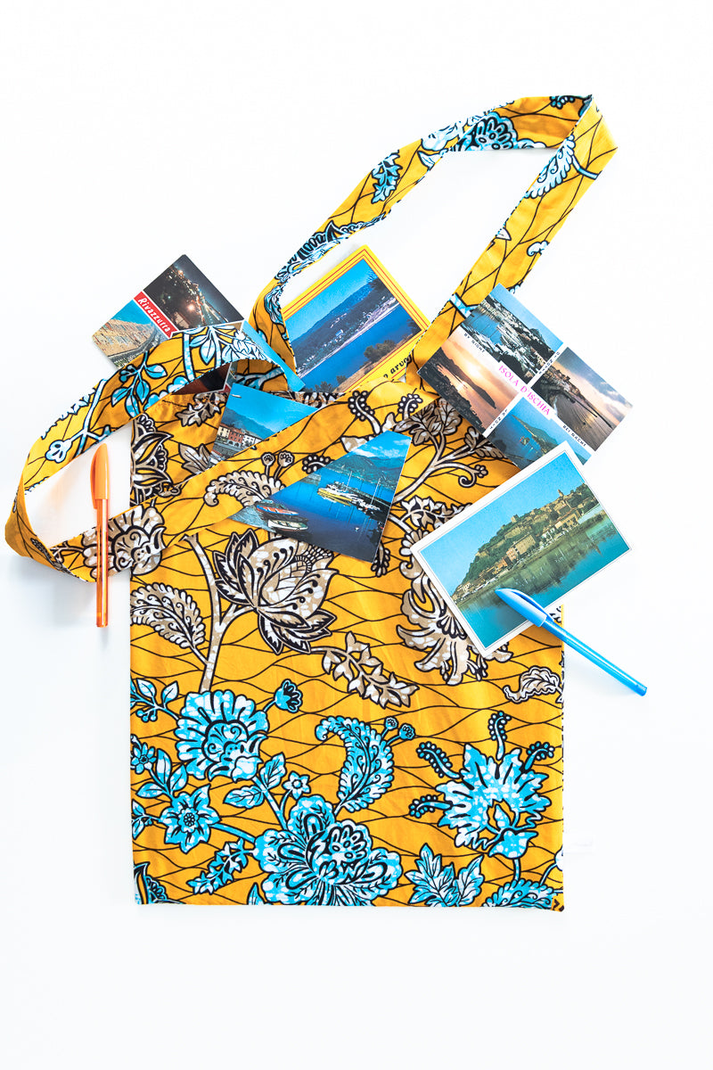 Borsa con tessuto wax giallo, arancione e azzurro